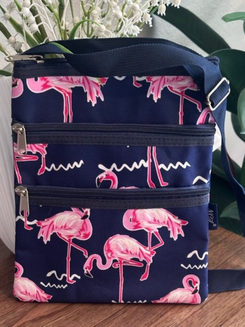Navy Flamingo Triple Zipper Crossbody Bag – EUC